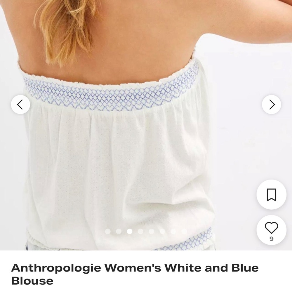 Anthropologie White Smocked Tube Top with Blue Embroidery - Picture 2 of 7